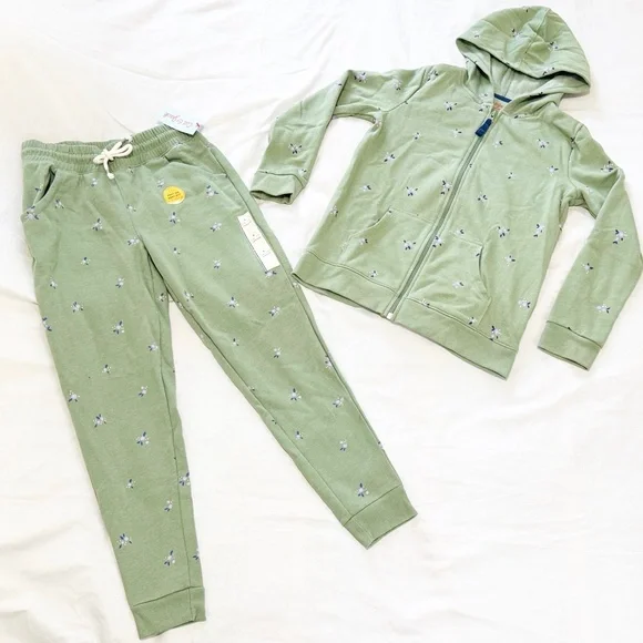 NEW Cat & Jack 2Pc Set Girls Activewear Sweatpants Zip-up Sweatshirt 10/12 Green - Picture 1 of 4